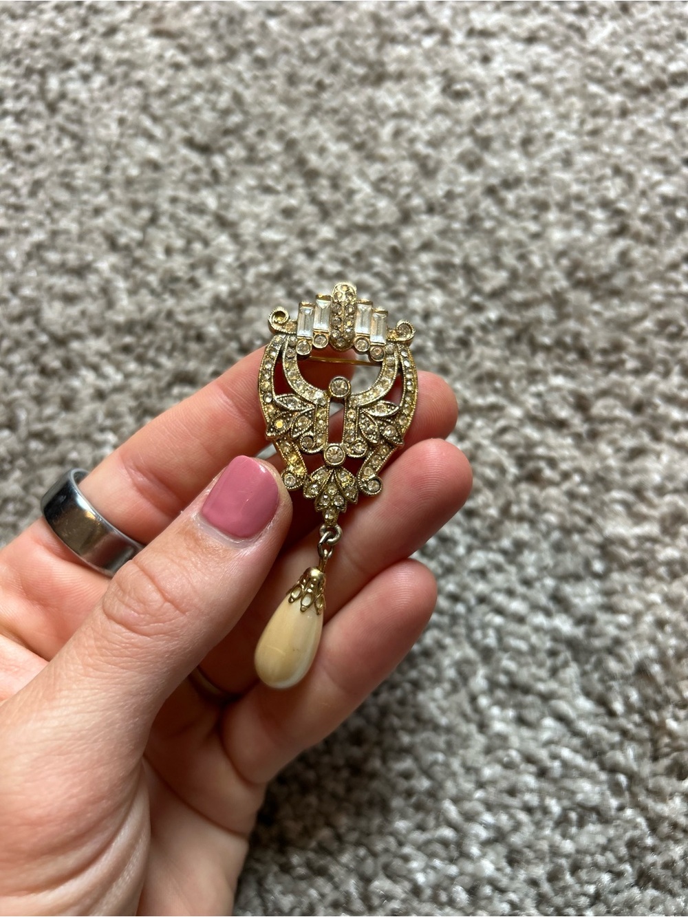 1930s Vintage Gold tone Rhinestone Drop Pendant with Ivory/pearl Teardrop
